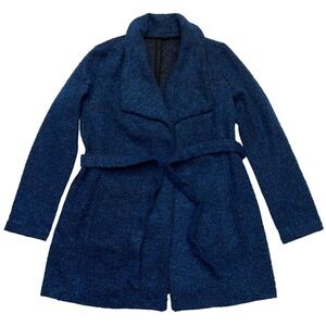 Blue Black Bouclé Modern Classic Minimalist Textured Tie Waist Jacket Size M